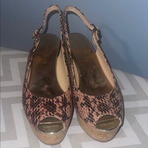 Jimmy Choo Snakeskin Peep-Toe Wedges - Tan and Black